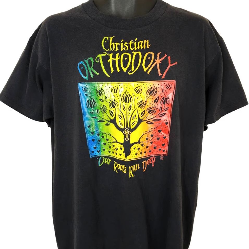 Vintage VINTAGE Christian Orthodoxy T Shirt Mens Size XL 90s Roots Run Deep Rainbow Cross Black Cotton Oneita Short Sleeve Crew Neck Bible Theme Size US XL / EU 56 / 4 - 2 Thumbnail