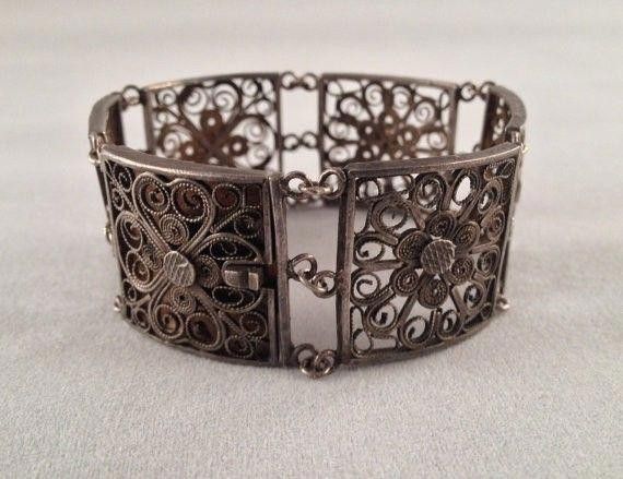 Designer Art Deco Chinese Sterling Silver Square Filigree Bracelet Size ONE SIZE - 1 Thumbnail