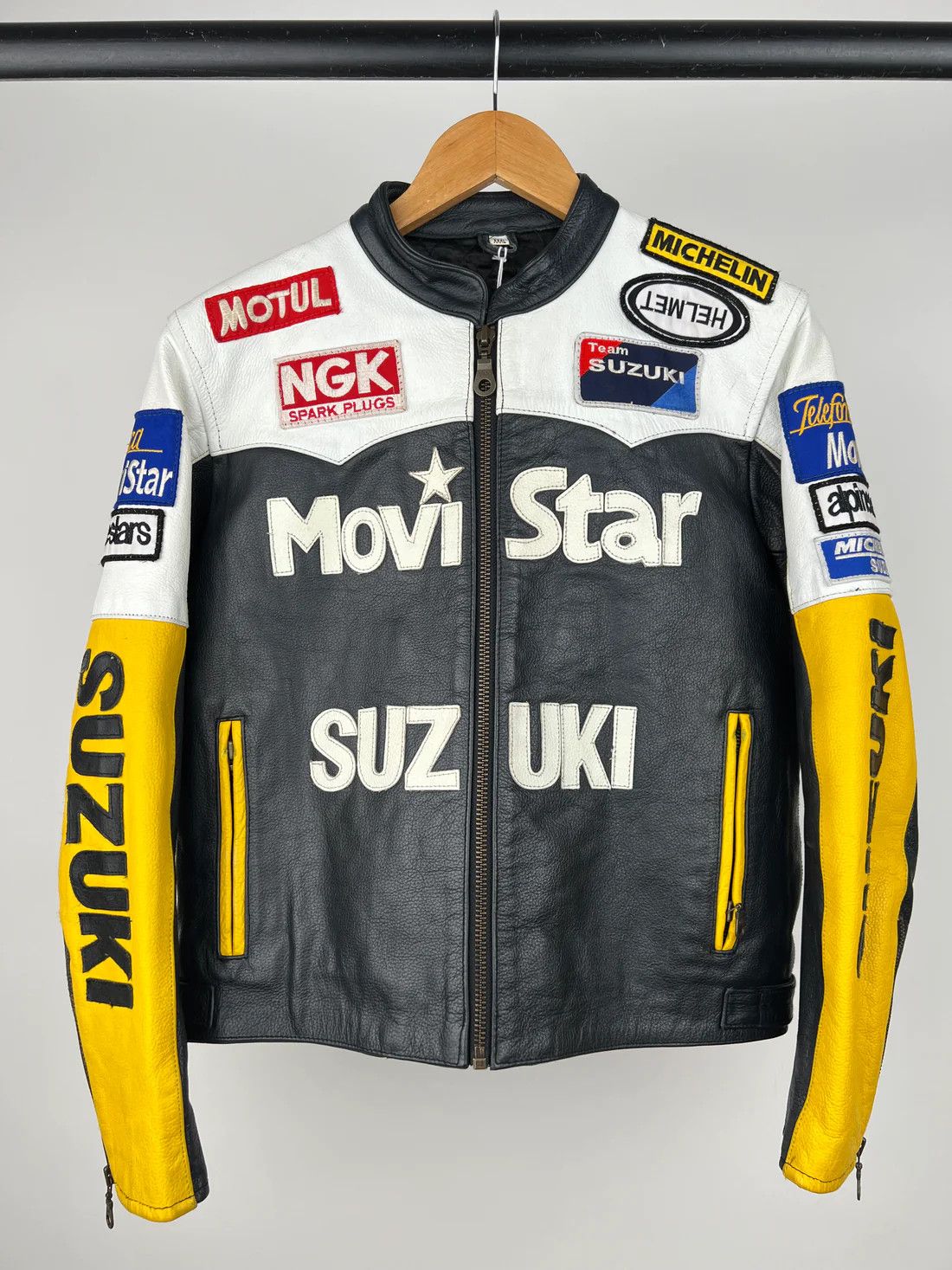 image of Genuine Leather Suzuki Movistar 90's Leather Motorbike Jacket in Black White, Men's (Size XL)