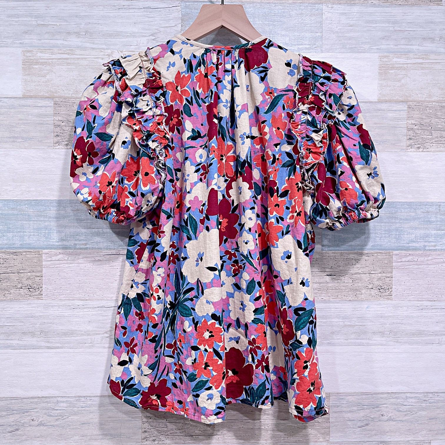 Other KARLIE Linen Floral V Neck Ruffle Top Pink Half Sleeve Med Size M / US 6-8 / IT 42-44 - 3 Thumbnail
