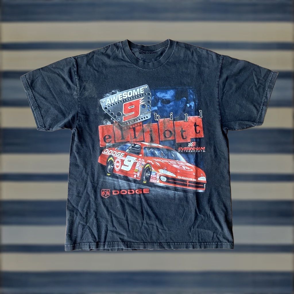 NASCAR VINTAGE Nascar T-Shirt Men Graphic Print Short Sleeve Crew Neck Bill Elliott Dodge Rampage XL Black Retro 90s Mens Size US XL / EU 56 / 4 - 1 Thumbnail