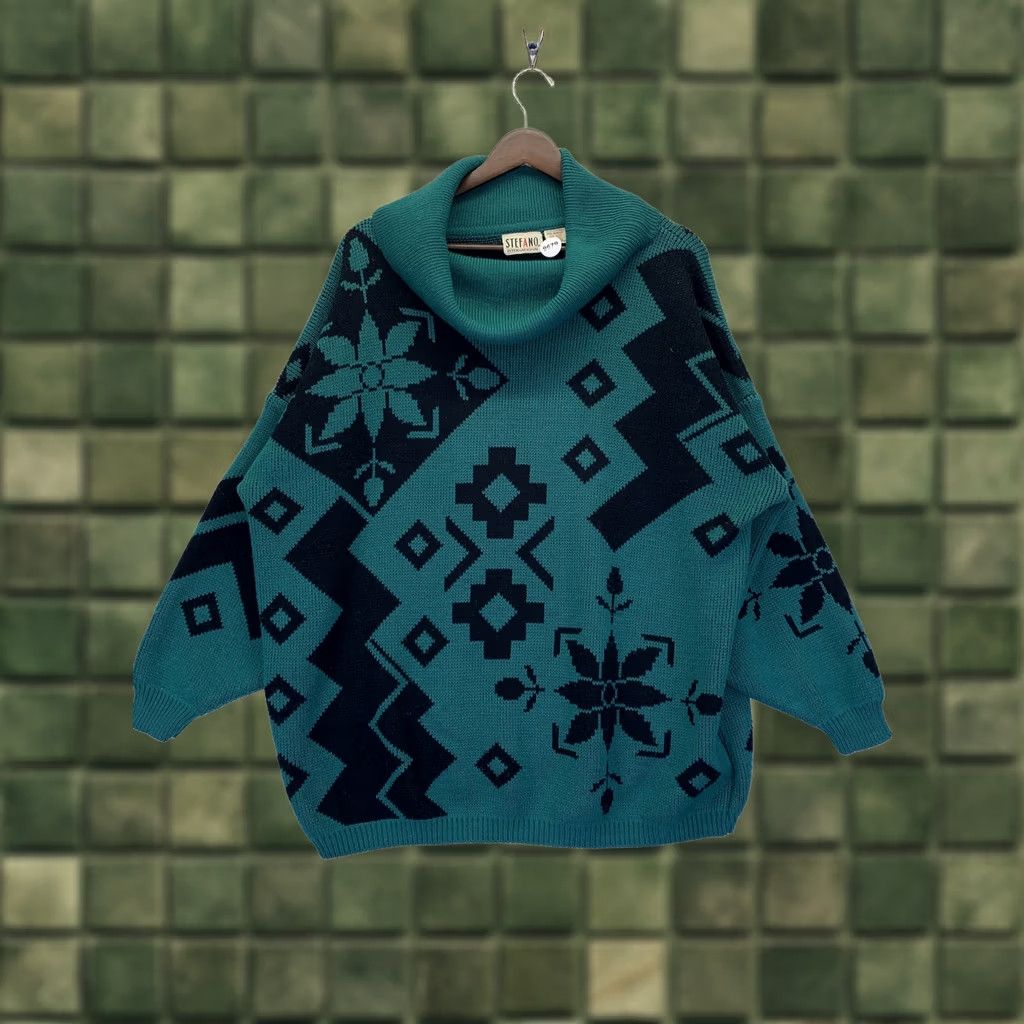 Vintage VINTAGE Stefano Sweater Geometric Floral Design Cowl Neck Womens One Size Green Knit Pullover 3/4 Sleeve Size ONE SIZE - 1 Thumbnail