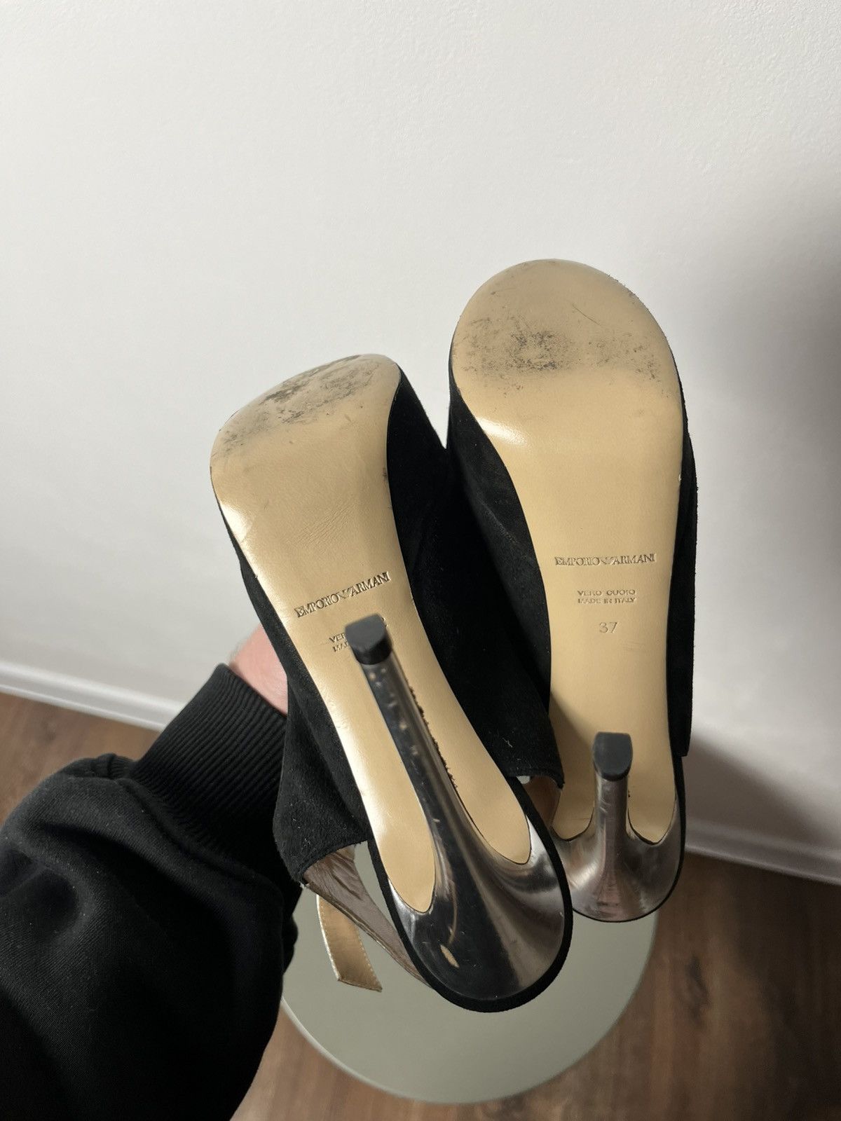 Emporio Armani Emporio Armani Black Suede Peep Toe Heels with Silver Straps Size US 6 / IT 36 - 15 Thumbnail