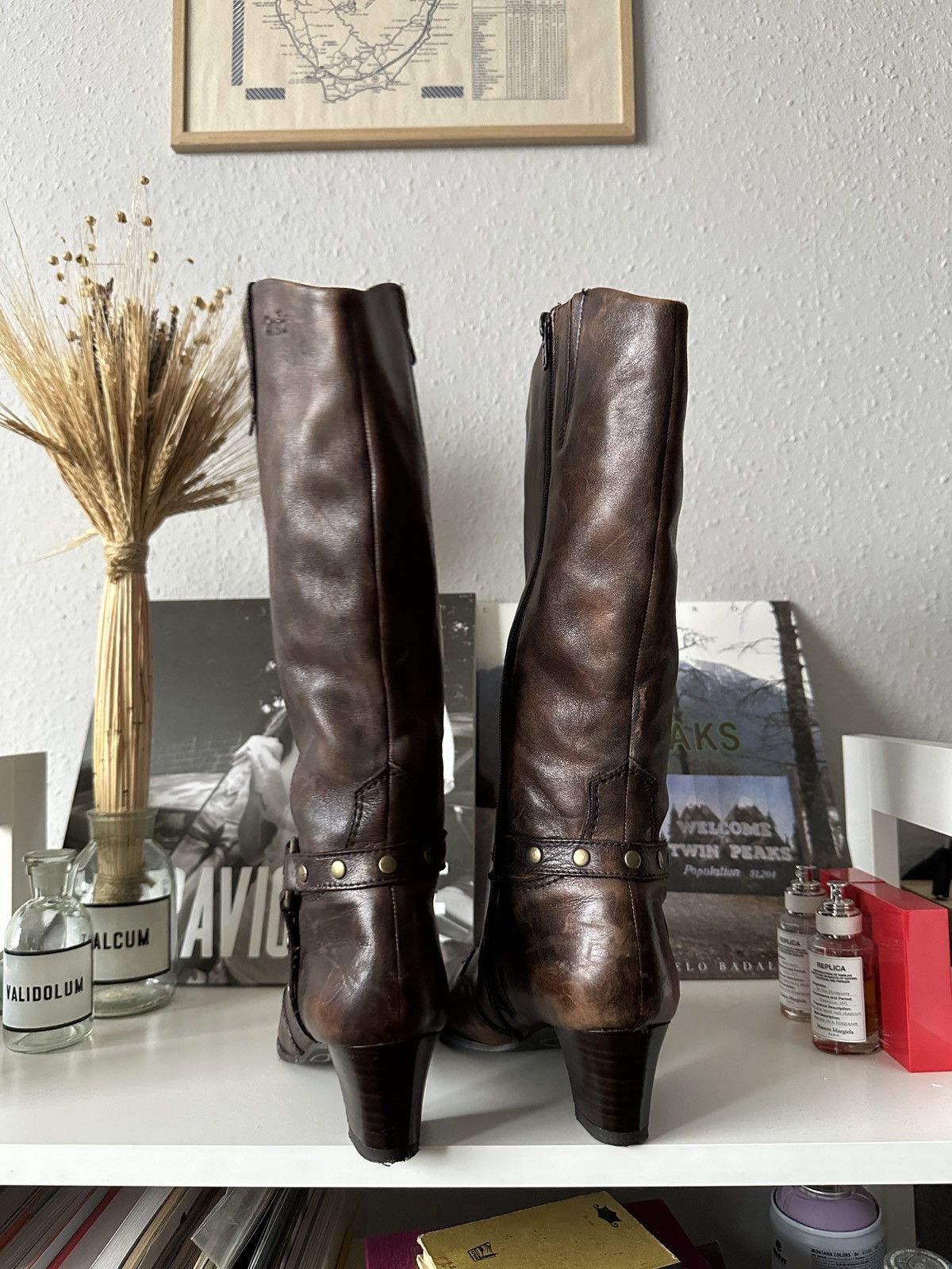 Other Old Leather Cowboy Vintage Pointed Toe Heels Moto Boots Size US 7 / IT 37 - 3 Thumbnail