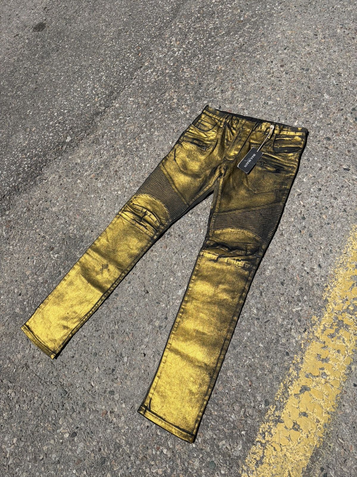 INSANELY RARE GOLD DEADSTOCK BALMAIN BIKER DENIM 33