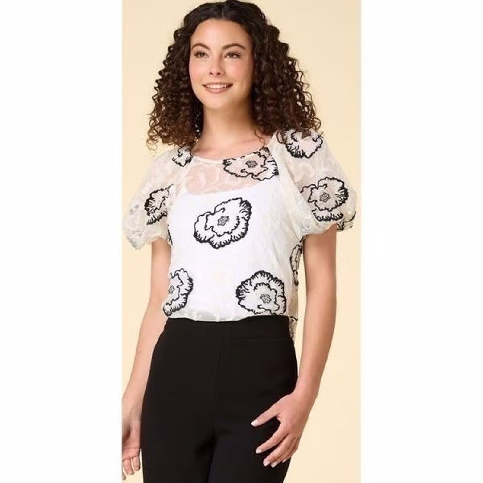 Laundry by Shelli Segal Sheer Top Black & Ivory Floral Lace Puff Sleeve Sz L Size L / US 10 / IT 46 - 1 Thumbnail