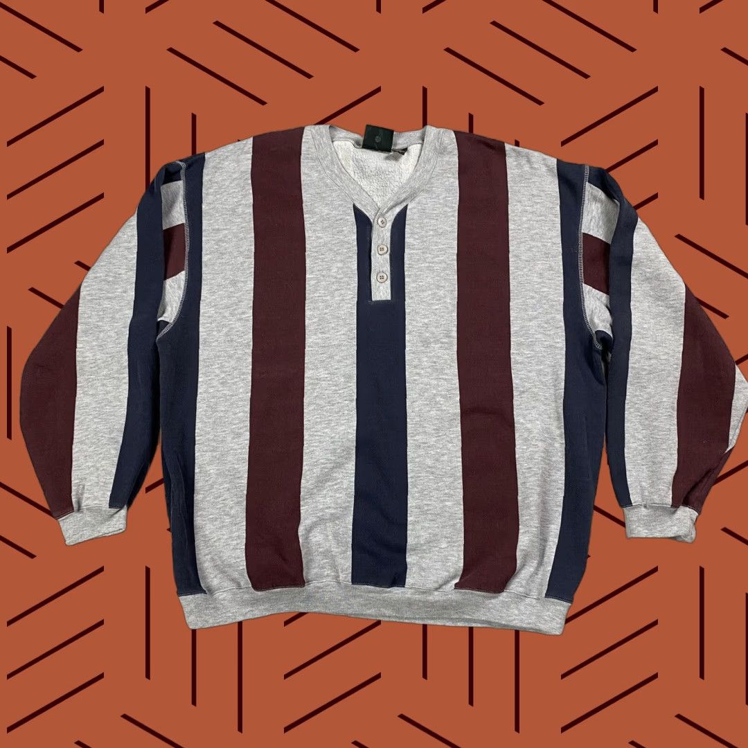 Vintage VINTAGE Stefano Men's Sweatshirt 2XL Fleece Pullover Long Sleeve Striped Grey Maroon Retro Cosby Size US XXL / EU 58 / 5 - 1 Thumbnail