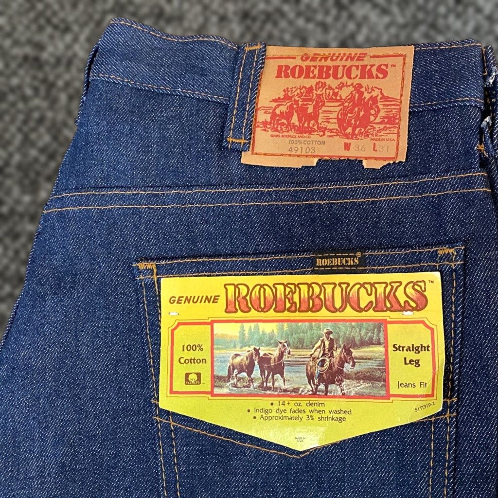 Denime VINTAGE Roebucks Jeans Straight Leg Mens 36x31 Dark Wash 14 oz Denim Blue 70s 80s Cowboy Style Mens Size US 36 / EU 52 - 1 Thumbnail