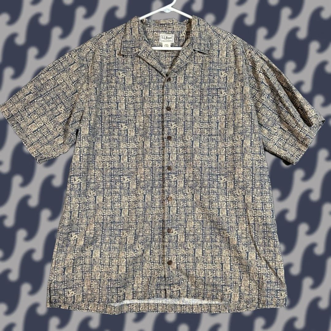 Vintage L.L. Bean Men's Shirt Large Beige Blue Abstract Geometric Short Sleeve Button Up Size US L / EU 52-54 / 3 - 1 Thumbnail