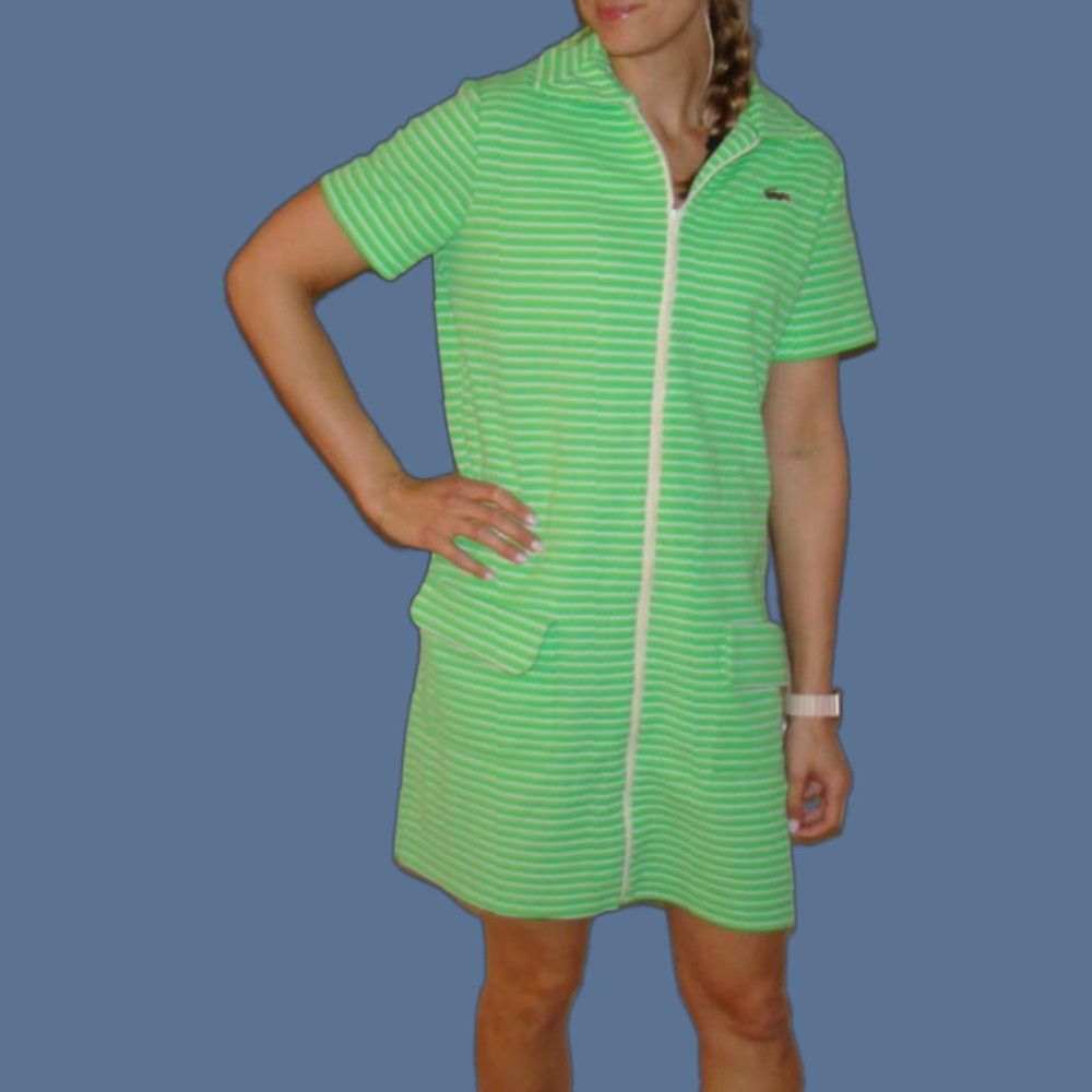 Lacoste VINTAGE Lacoste Womens Shirt Dress 16 Green Striped Knit Full Front Zip Dress Size XXL / US 16-18 / IT 52-54 - 1 Thumbnail