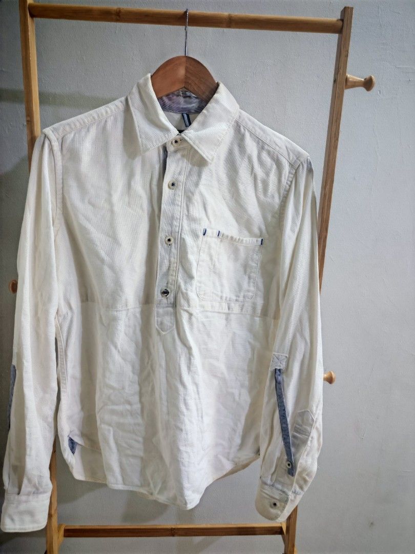 BEAMS White Pullover Shirt Blue Accents Anchor Buttons S