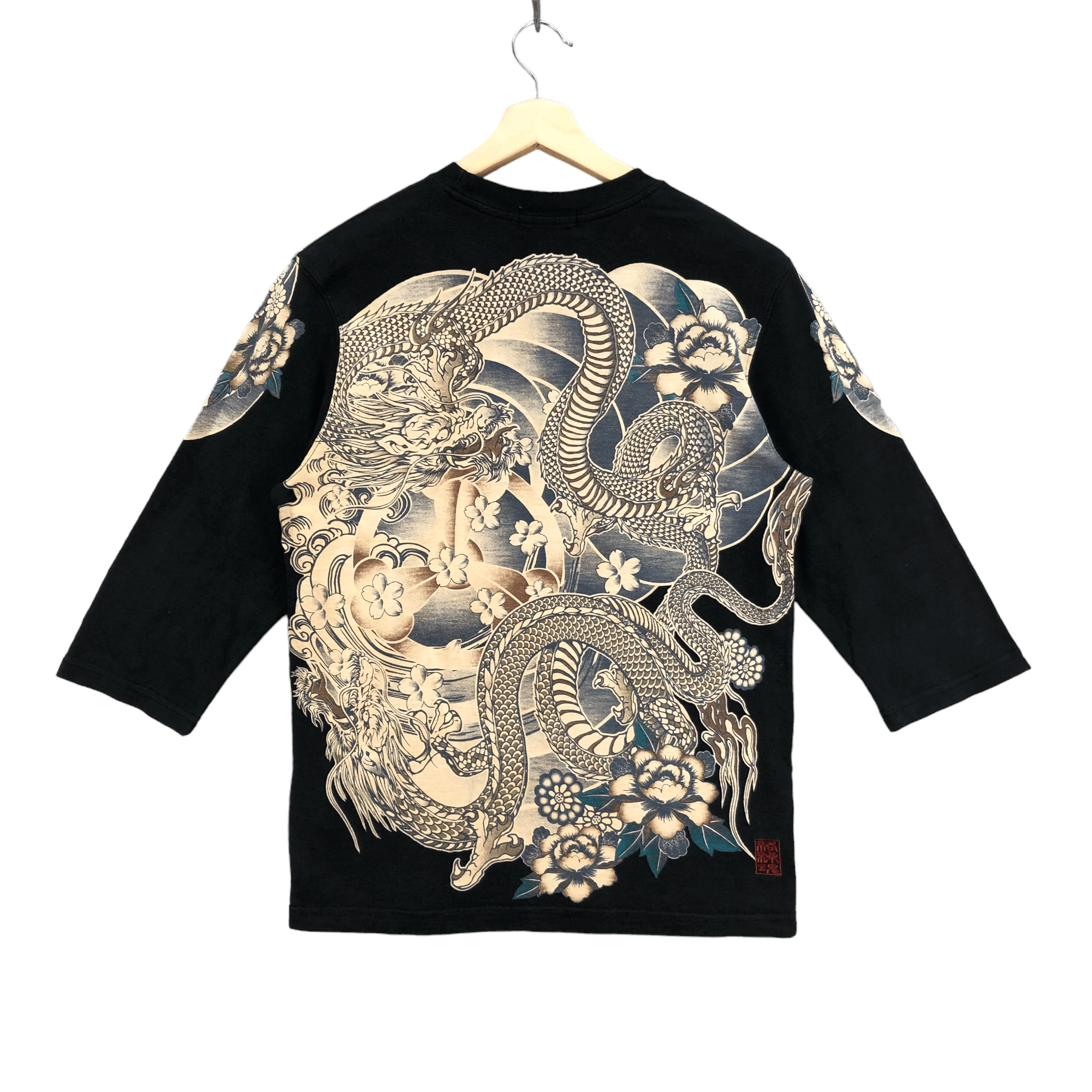 image of Sukajan T Shirts Vintage Kara Kuri Tamashi Art Yakuza Dragon 3Q Tee 6014-218 in Black (Size Large)