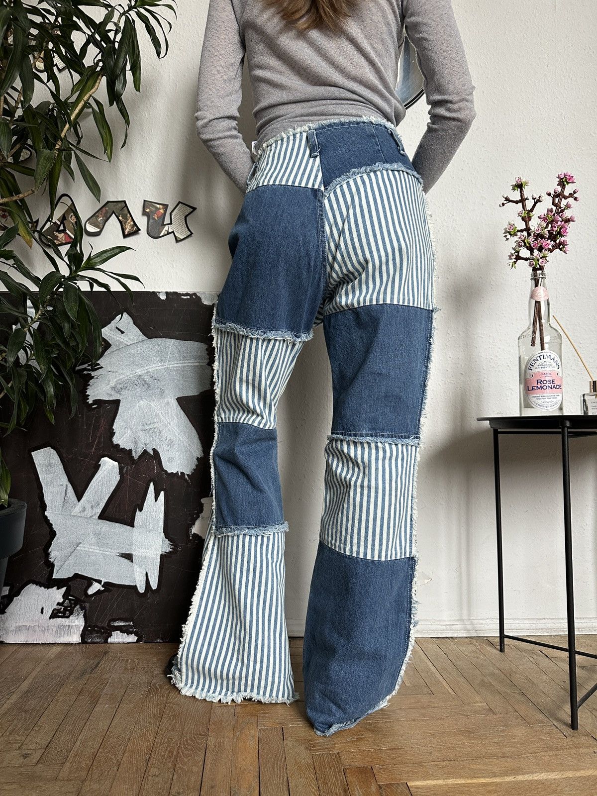 If Six Was Nine × Seditionaries Y2K Patchwork Denim Flared Baggy Stripe Jeans Size 32" / US 10 / IT 46 - 7 Thumbnail