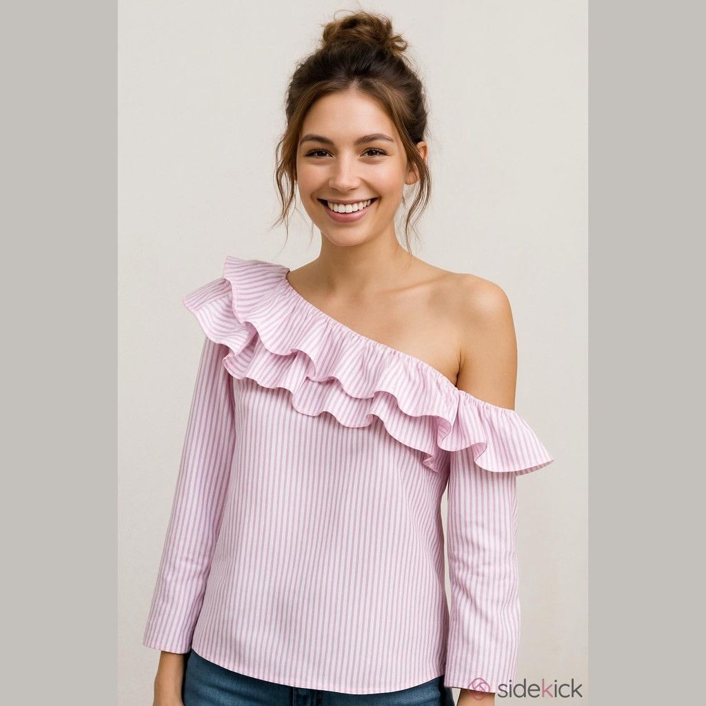 The Unbranded Brand Double Ruffle pink white Striped One Shoulder Blouse large Size L / US 10 / IT 46 - 12 Thumbnail