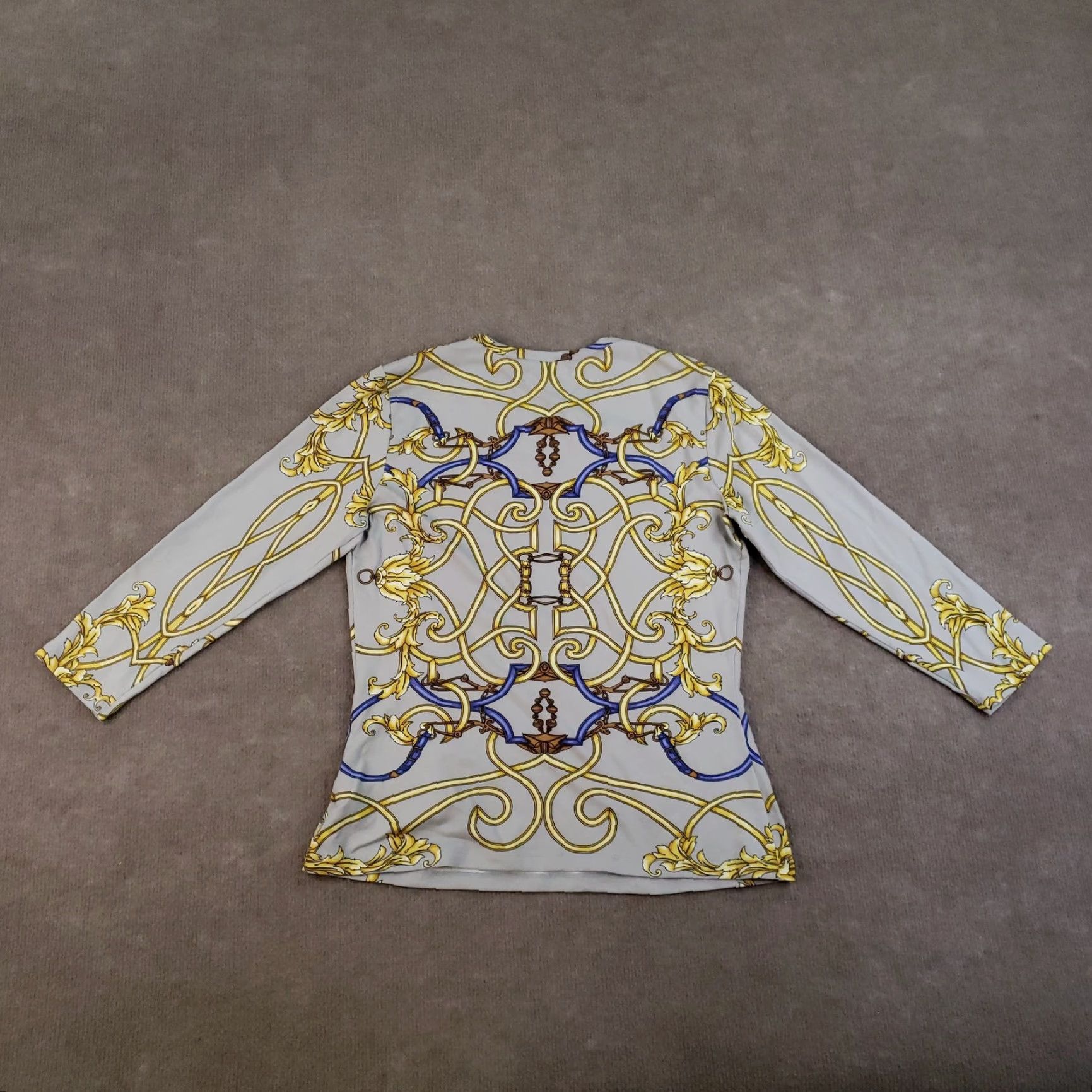 J.McLaughlin J. McLaughlin Shirt Womens Small Gray Gold Baroque Scroll Print Stretch Top Crew Neck Long Sleeve Regular Fit Womens Size S / US 4 / IT 40 - 7 Thumbnail