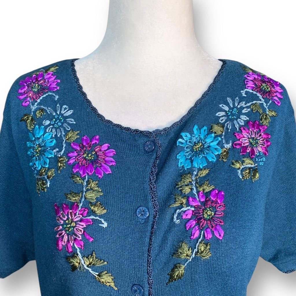 Vintage Vintage R&K Originals Teal Blue Floral Short Sleeve Knit Car Size L / US 10 / IT 46 - 3 Thumbnail