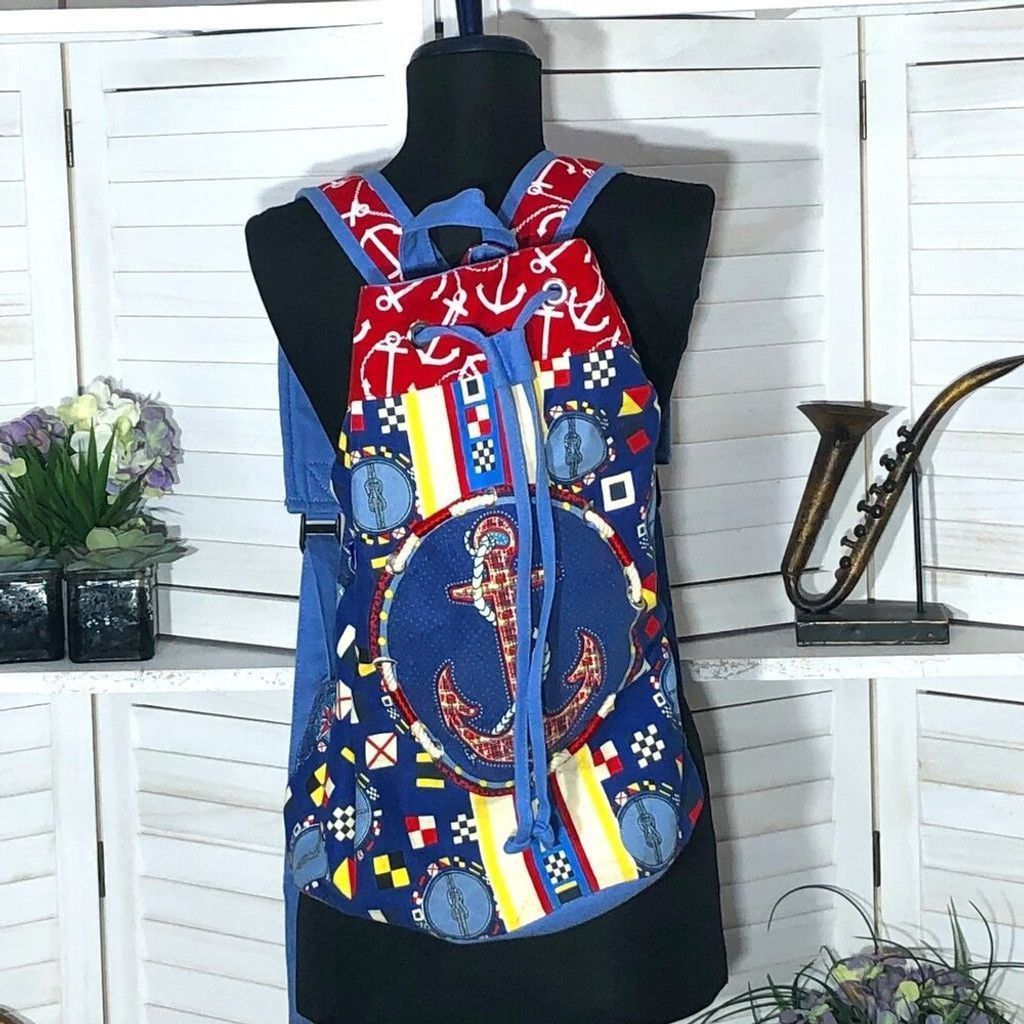 Vintage Beach cotton backpack blue anchor sailor's knot racing flags Size ONE SIZE - 1 Thumbnail