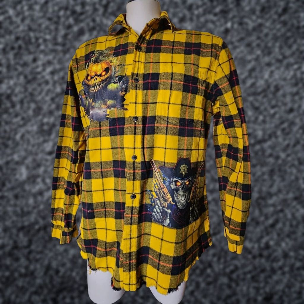Vintage VINTAGE Men's M Upcycled Halloween Pumpkin Skull Flannel Shirt Long Sleeve Yellow Cotton 80s 90s Graphic Punk Rock Party Mens Size US M / EU 48-50 / 2 - 1 Thumbnail
