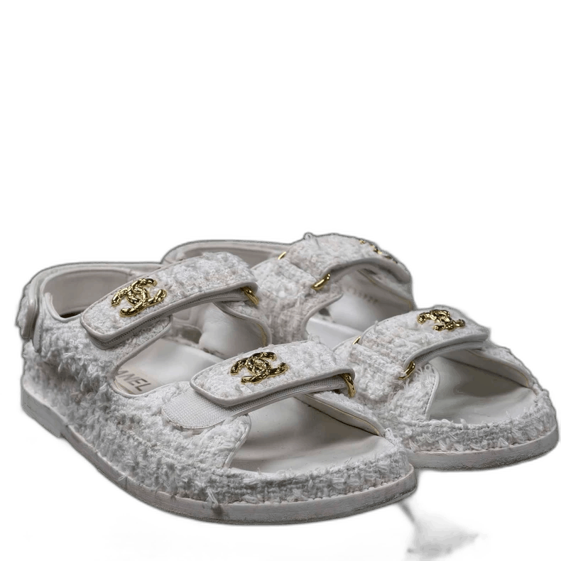 Chanel CHANEL White Tweed Velcro Sandals with Gold Buckles -2505 Size US 6.5 / IT 36.5 - 1 Thumbnail
