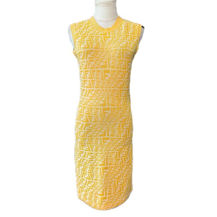 Fendi Fendi Yellow FF Logo Knit Midi Dress Size 40 Size S / US 4 / IT 40 - 1 Thumbnail