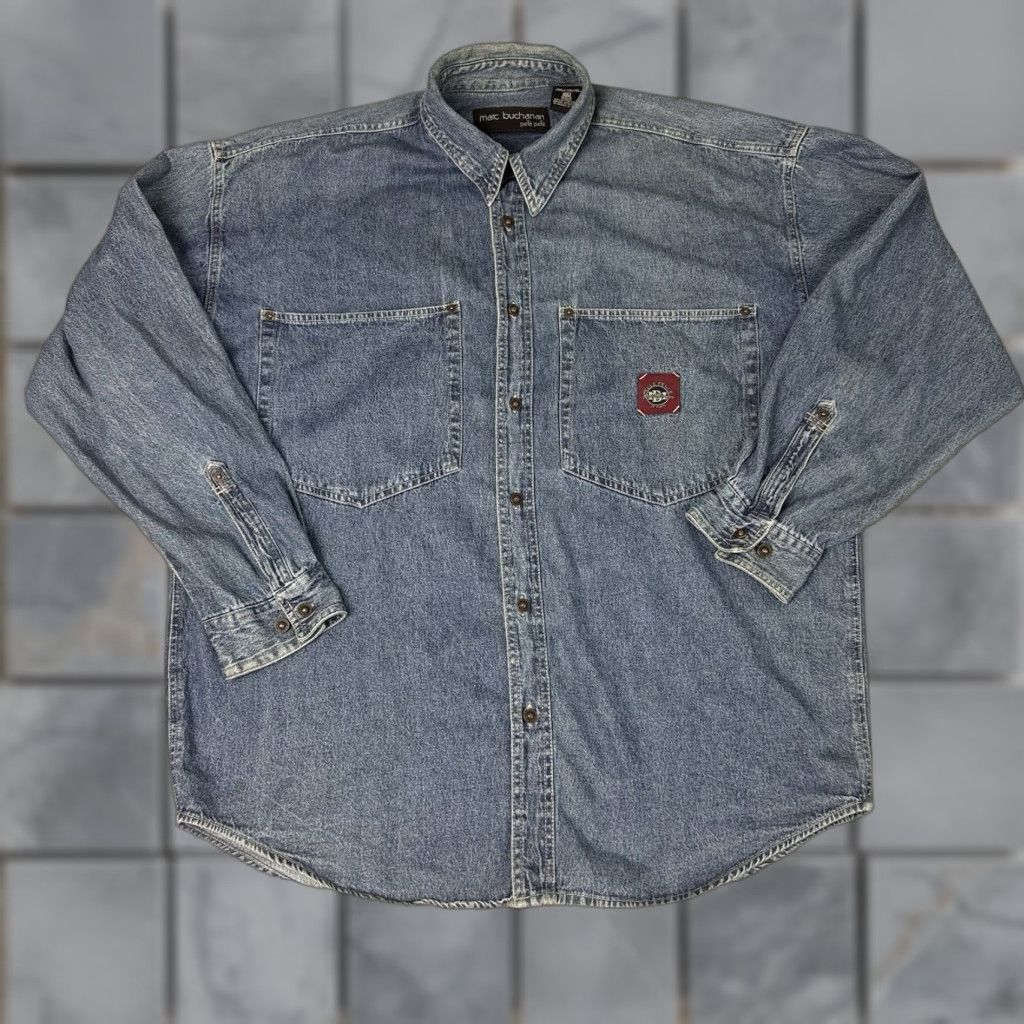 Pelle Pelle VINTAGE Pelle Pelle Denim Shirt Mens XL Blue 90s Hip Hop Retro Oversized Button-Up Collared Long Sleeve Size US XL / EU 56 / 4 - 1 Thumbnail