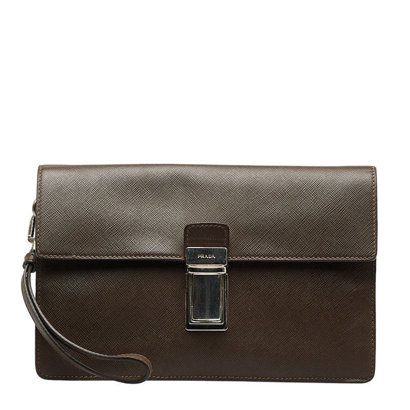 image of Prada Saffiano Leather Clutch Bag in Brown, Women's