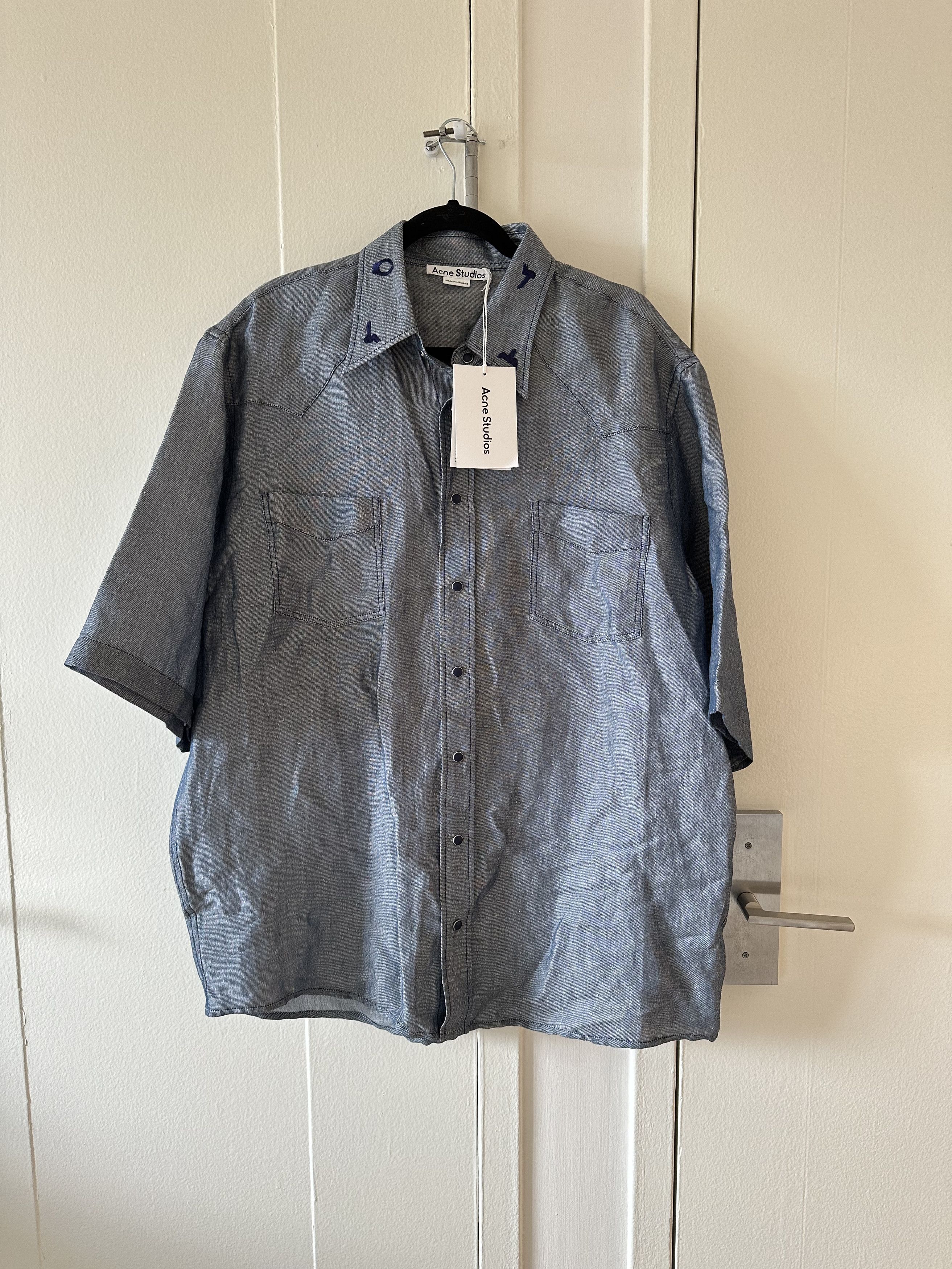 image of Acne Studios Oversized Western Short Sleeve Button Up Shirt in Denim, Men's (Size 2XL)