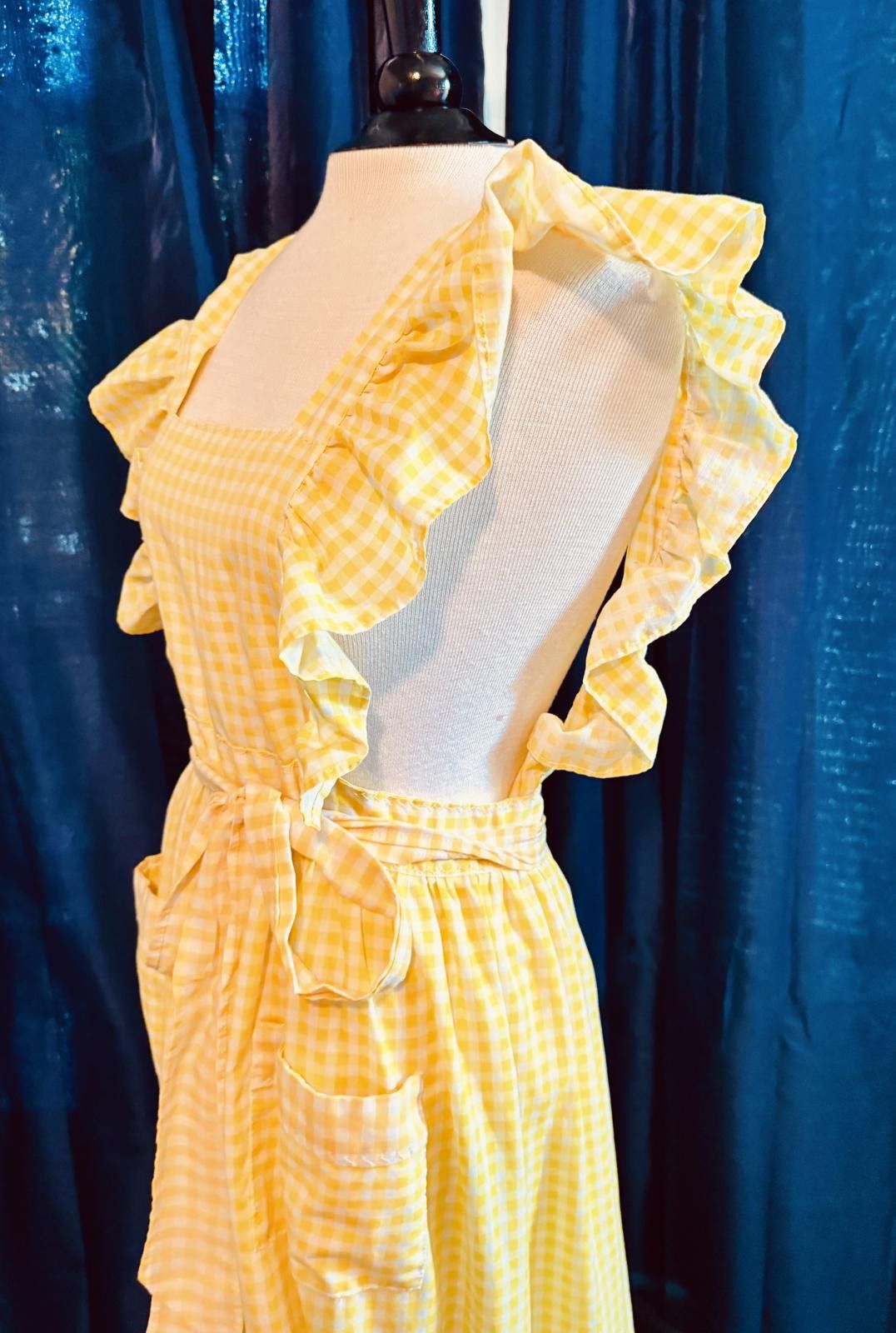Designer Vintage Yellow Cottage-core Gingham Ruffled Pinafore Dress Size M / US 6-8 / IT 42-44 - 6 Thumbnail