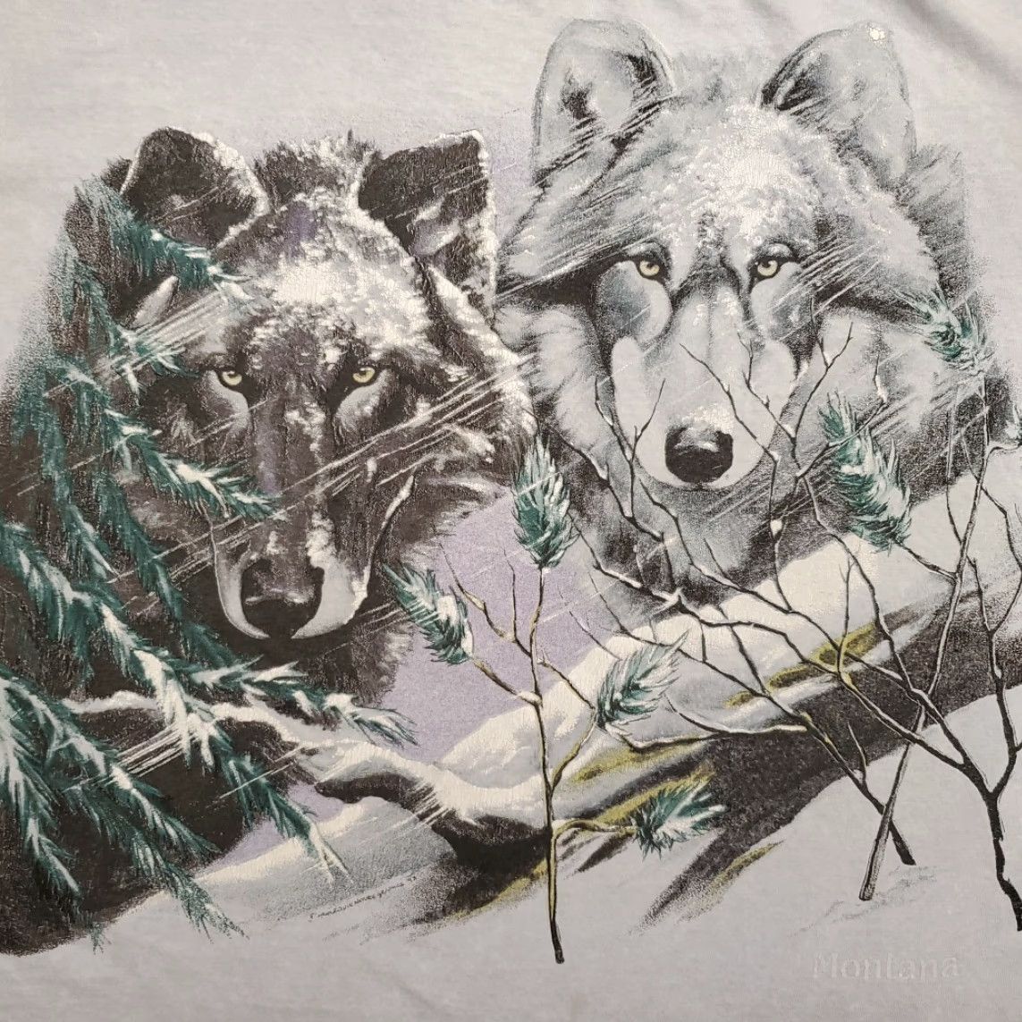 Hanes VINTAGE Wolf Shirt Mens L Blue Single Stitch Nature AOP Outdoors Made in USA TEE Size US L / EU 52-54 / 3 - 4 Thumbnail
