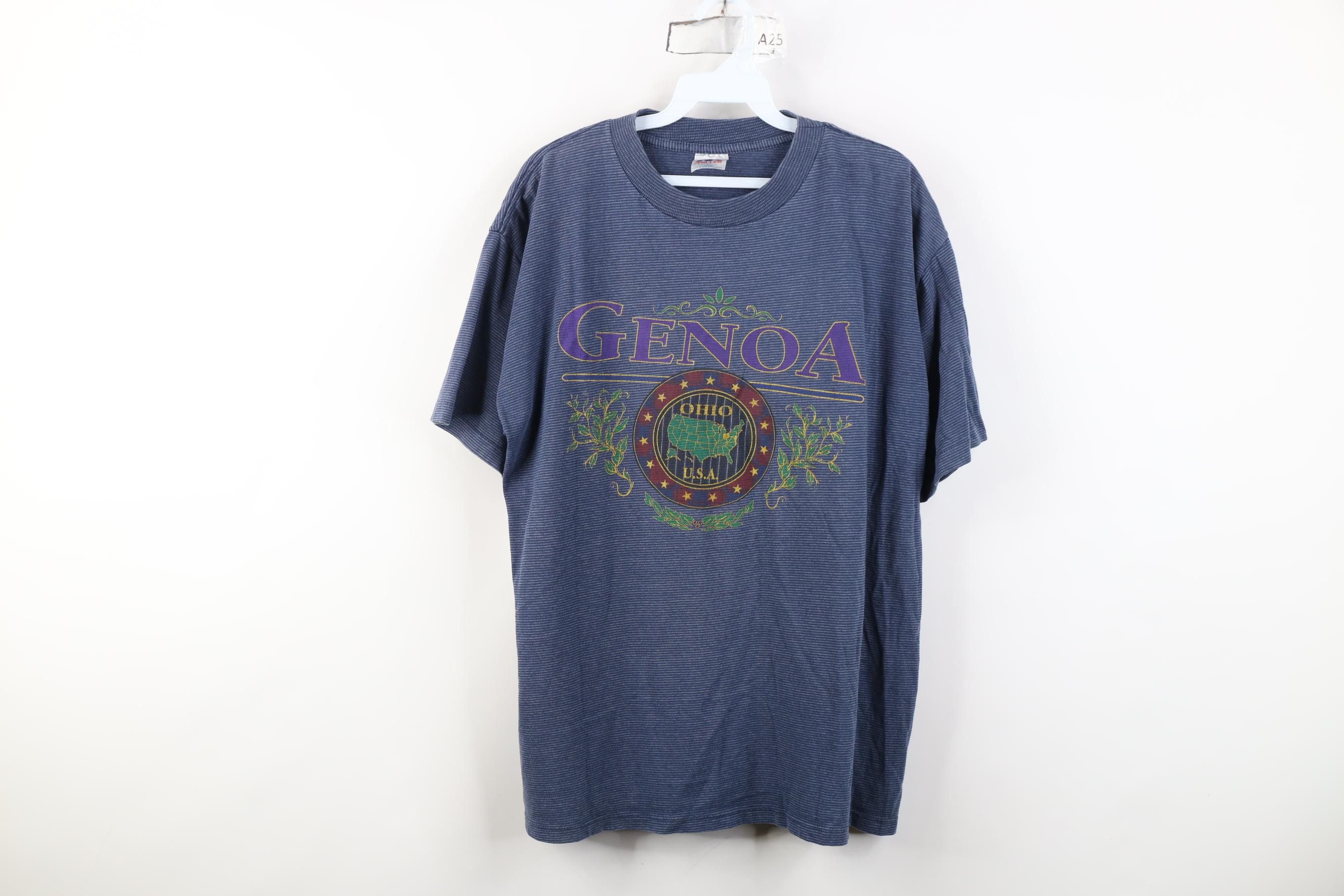 Vintage Vintage 90s Striped Genoa Ohio Short Sleeve T-Shirt Blue USA Size US L / EU 52-54 / 3 - 1 Thumbnail
