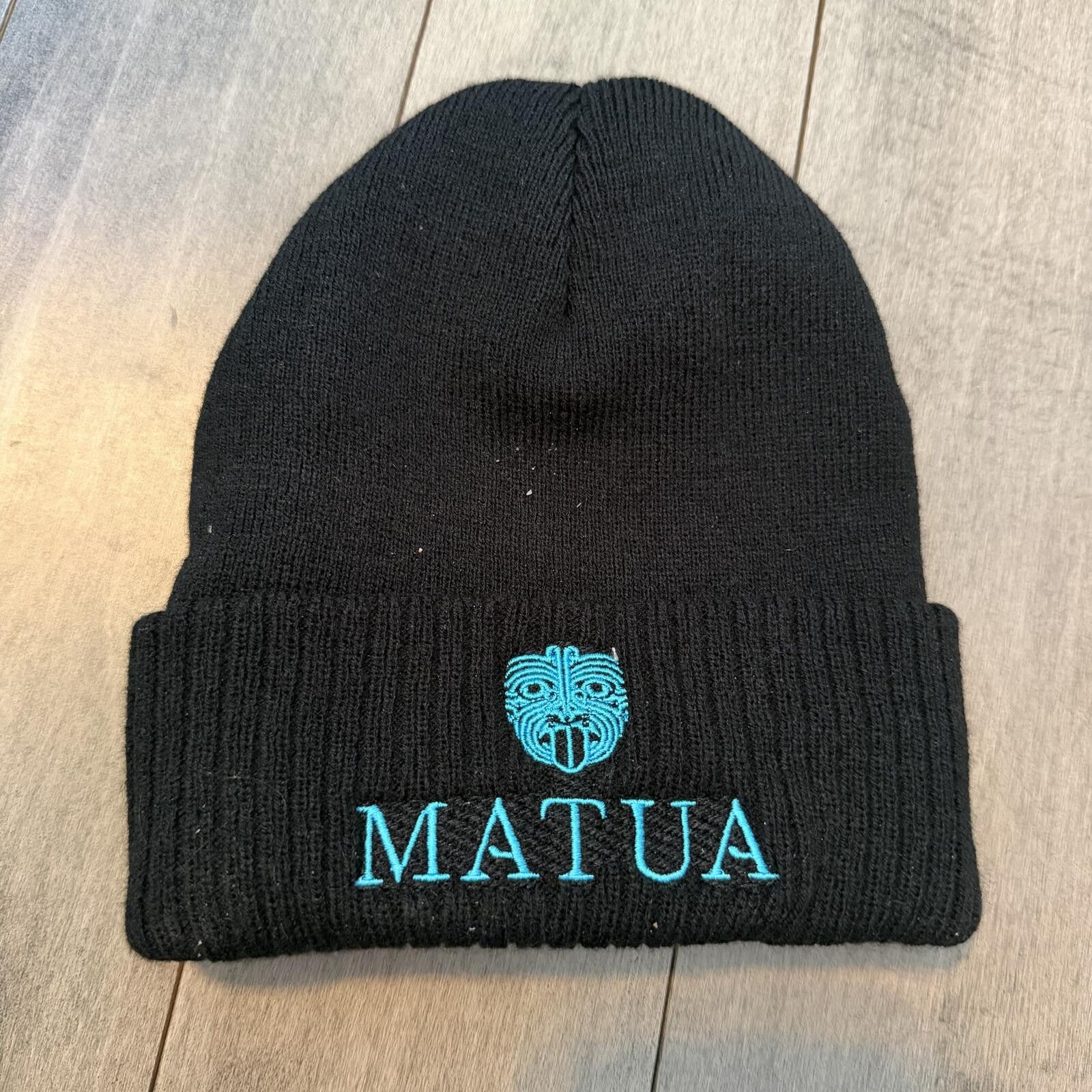 Manual Alphabet Matua Black Knit Beanie Hat with Blue Aqua Embroidered Logo Size ONE SIZE - 4 Thumbnail
