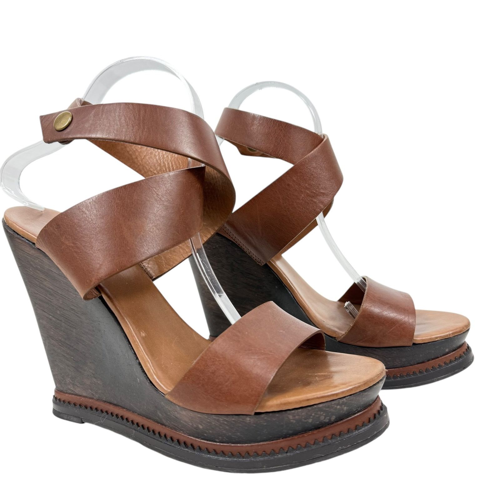 Diane von Furstenberg Diane Von Furstenberg Onmi Ankle Wrap Wedges Brown Leather Size US 9.5 / IT 39.5 - 2 Thumbnail
