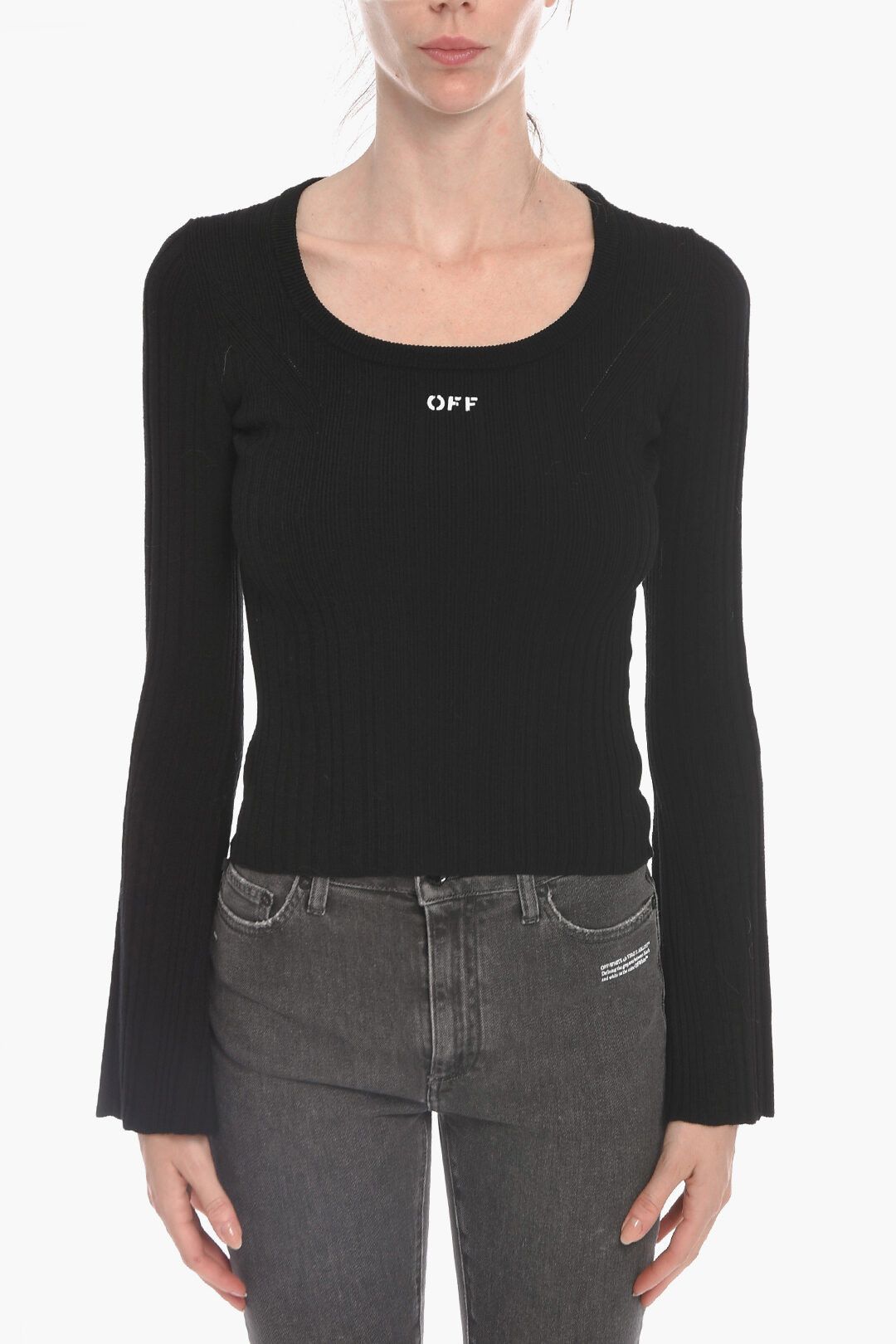 image of Off White Og1Mm0524 Logo Printed Ribbed Sweater In Black, Women's (Size Medium)