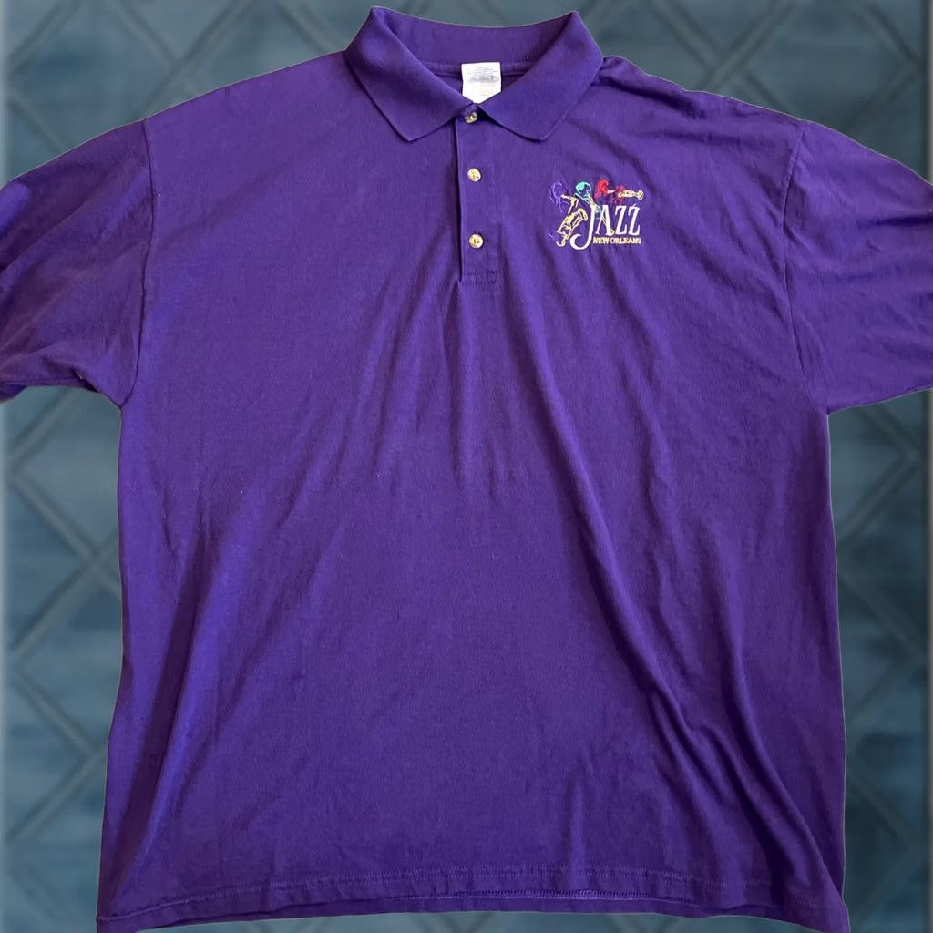 Gildan VINTAGE JAZZ NEW ORLEANS Golf Polo Embroidered Purple Muscle Sleeve XL Men Size US XL / EU 56 / 4 - 1 Thumbnail