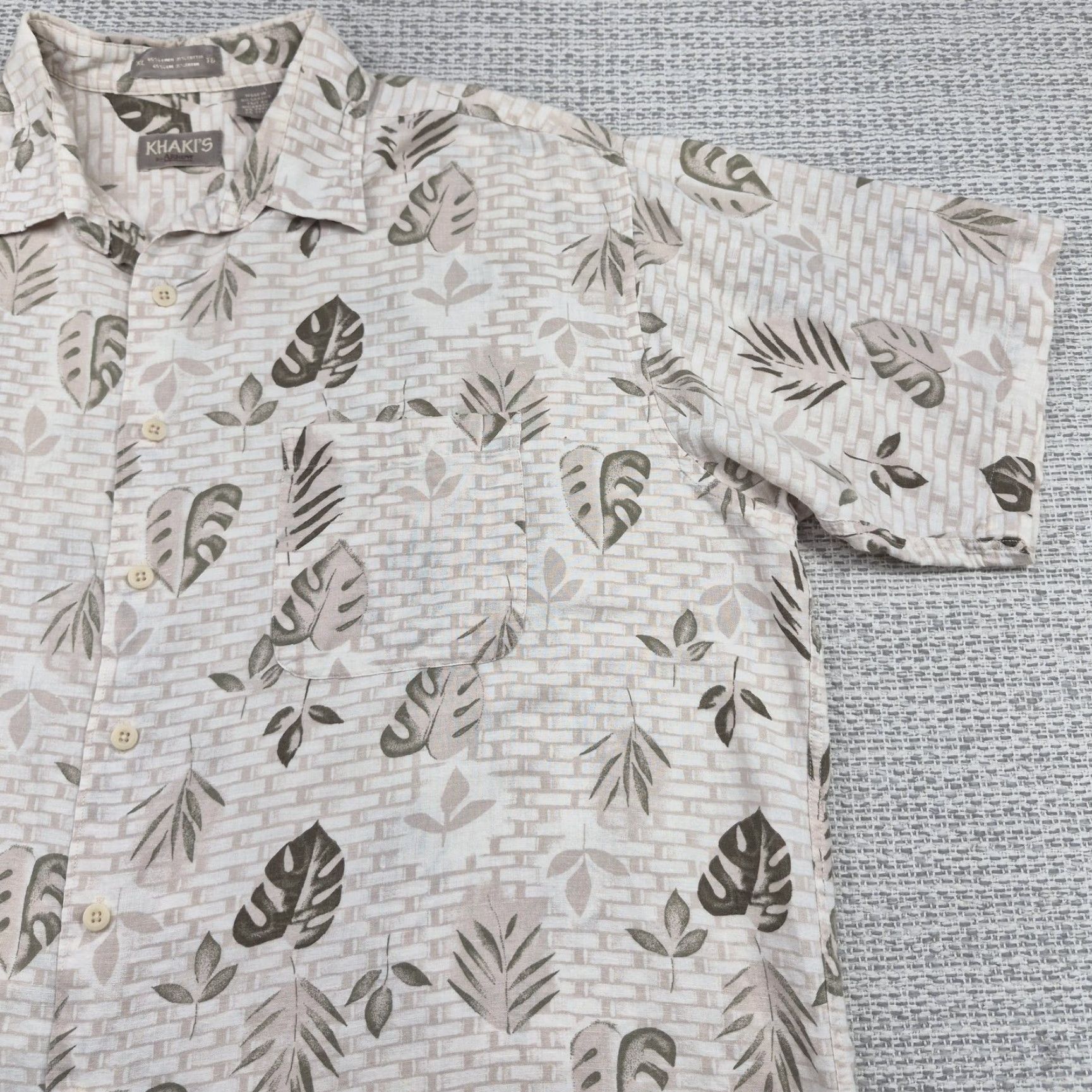 Arrow VINTAGE Arrow Shirt Mens XL Khaki's By Arrow Button-Up Beige Linen Cotton Floral Short Sleeve 90s Tropical Hawaiian Aloha Leaf Print Size US XL / EU 56 / 4 - 2 Thumbnail