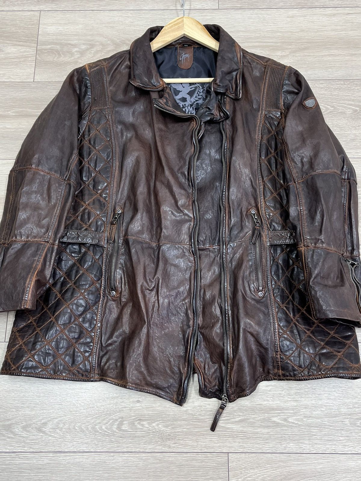 Gypsy Sheepskin Brown Leather Jacket Gipsy Distressed Size 6XL Size 4XL / US 24-26 - 4 Thumbnail