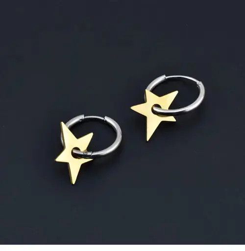 Sterling Silver Stainless Steel Gold Star Hoop Earrings for Men Women Size ONE SIZE - 3 Thumbnail