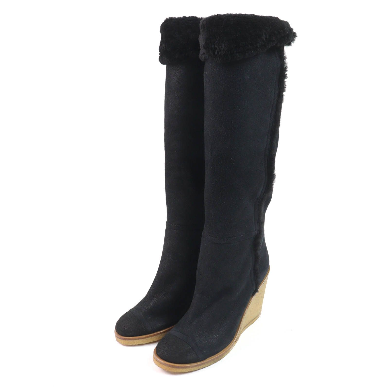 Chanel Chanel Metal Logo Sheepskin Boots Leather Shoes G26471X01559 in Black, Women's