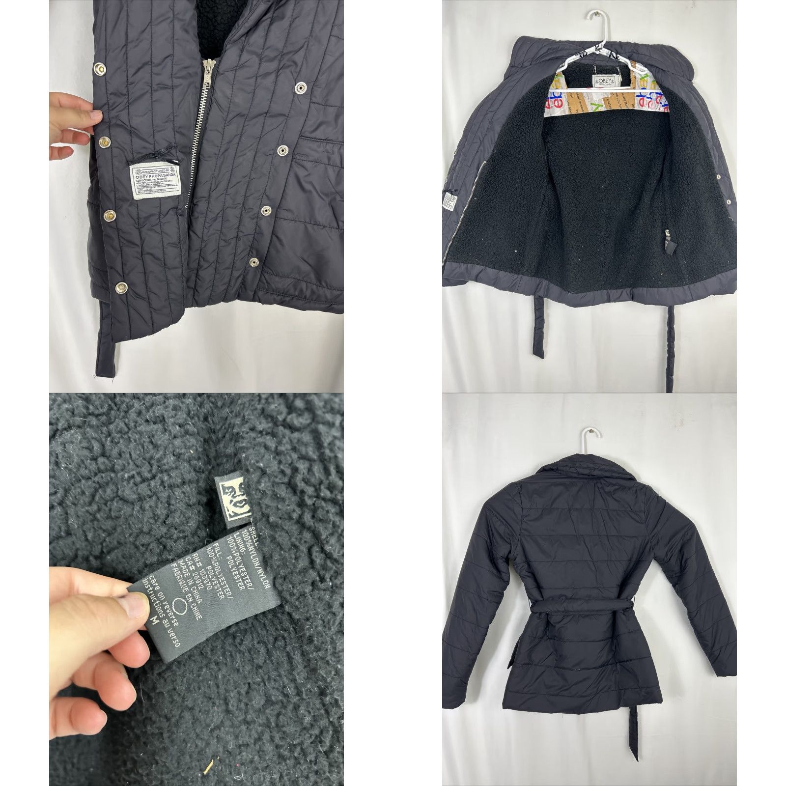 Obey OBEY Womens Medium Black Jacket Half Zip Button Belted Puffer Faux Sherpa Size M / US 6-8 / IT 42-44 - 8 Thumbnail