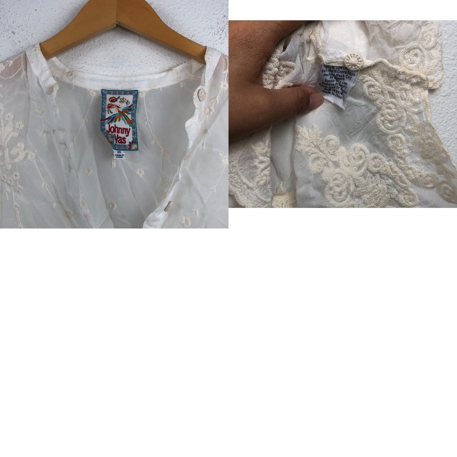 Johnny Was Johnny Was Blouse Tunic Top Embroidered Ivory Cream XS Crew Neck Short Sleeve Cupra Rayon Adults Women Relaxed Regular Size XS Size XS / US 0-2 / IT 36-38 - 9 Thumbnail
