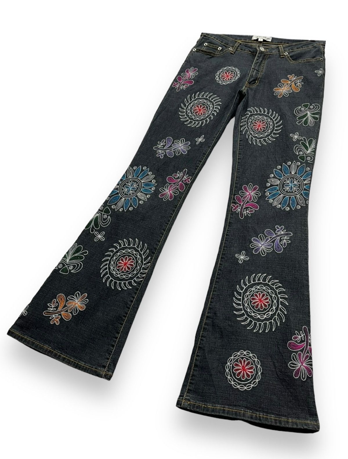 Colours × Japanese Brand 🌸Hippie EMBROIDERY Stretch Denim Flare Murakami Style Size US 28 / EU 44 - 3 Thumbnail