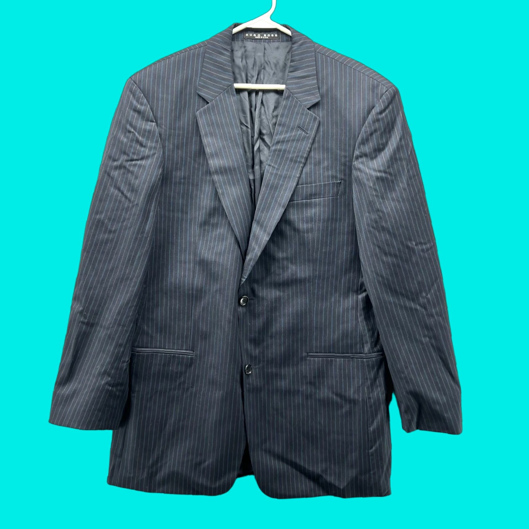 Hugo Boss VINTAGE? No. Hugo Boss Blazer Mens 42L Blue Sport Coat Jacket Striped Wool Suit Size 42R - 1 Thumbnail