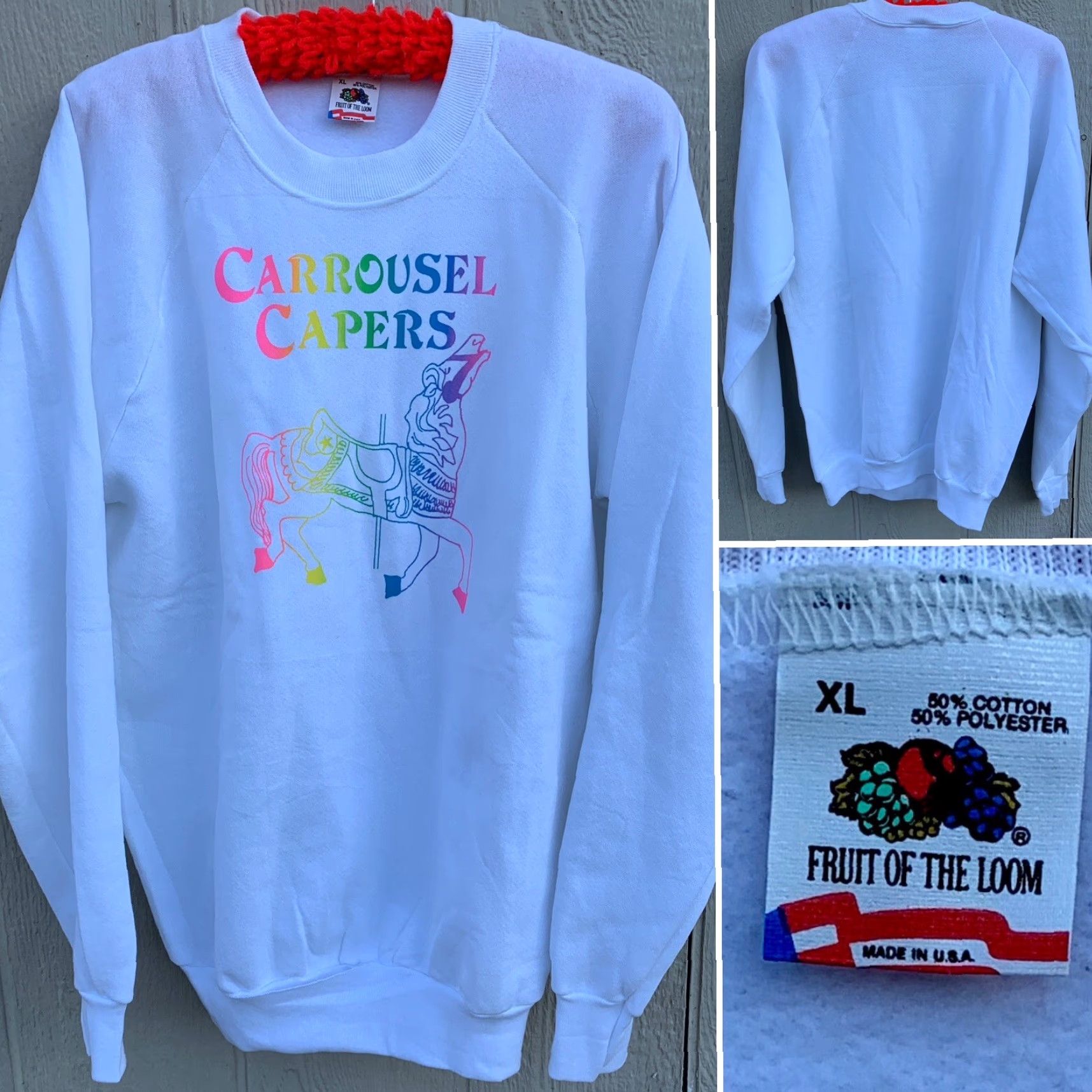 Fruit Of The Loom VINTAGE Fruit of the Loom Raglan Sweatshirt Crew Neck Long Sleeve XL White Neon Carousel Horse Graphic Print Men Size US XL / EU 56 / 4 - 2 Thumbnail