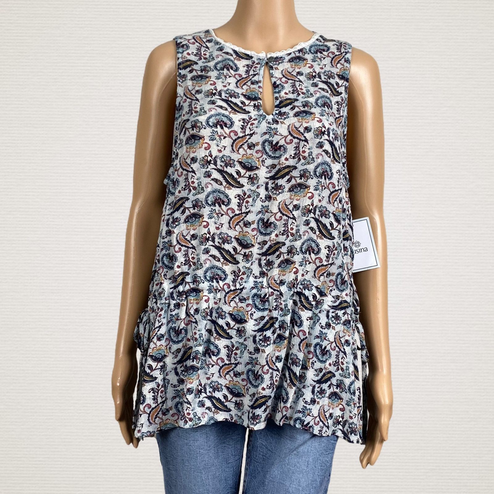 Other Susina Nordstrom Gray Floral Keyhole Peasant Shirt Large Size L / US 10 / IT 46 - 1 Thumbnail