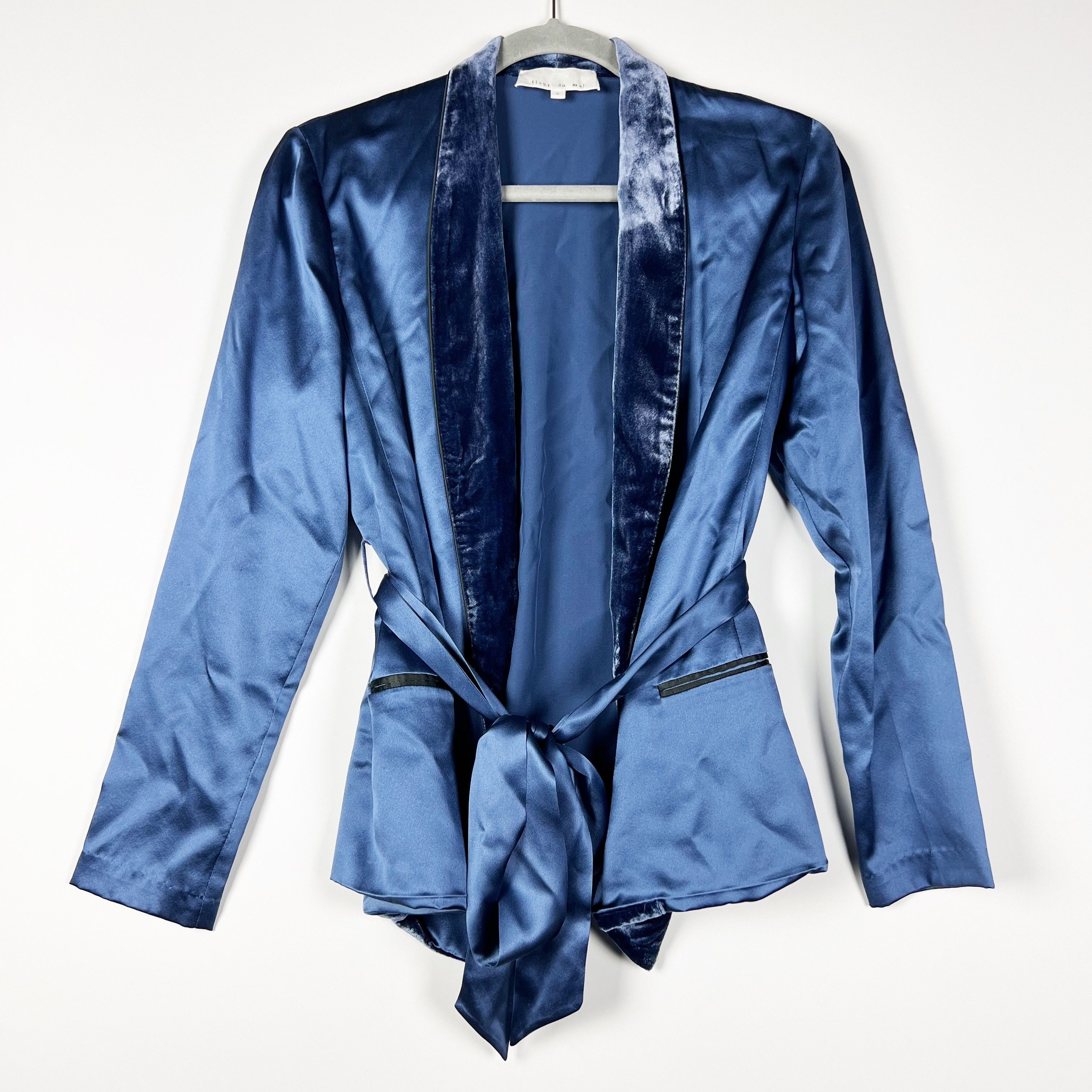 image of Fleur Du Mal Silk Satin Velvet Velour Trim Belted in Blue, Women's (Size Small)