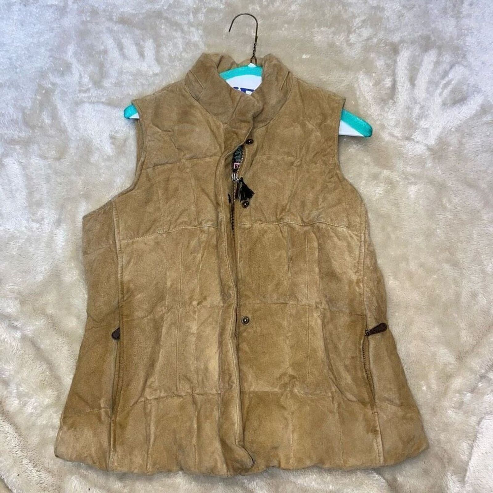 Eddie Bauer tan leather down zip front puffer vest | Sz M