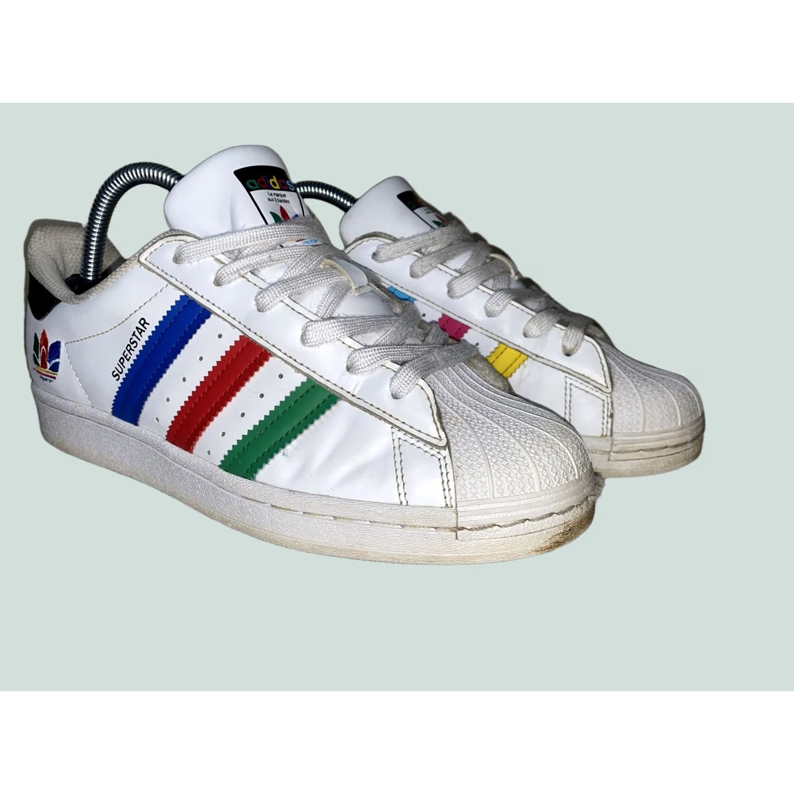 Adidas ADIDAS SUPERSTAR J White Multicolor Stripes FW5236 Men's Women 6.5 8 Shoes Sneaker Low Top Multicolor Striped Logo Casual Athletic Size US 7 / IT 37 - 1 Thumbnail