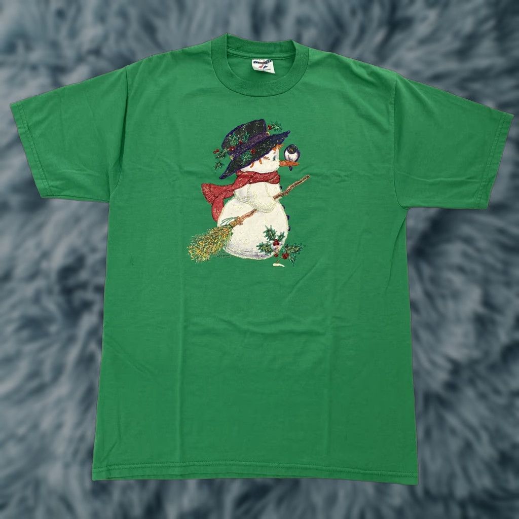 Jerzees VINTAGE 90s Snowman Hand Painted Green Adult T-Shirt Mens Large Christmas L Shirt Size US L / EU 52-54 / 3 - 1 Thumbnail