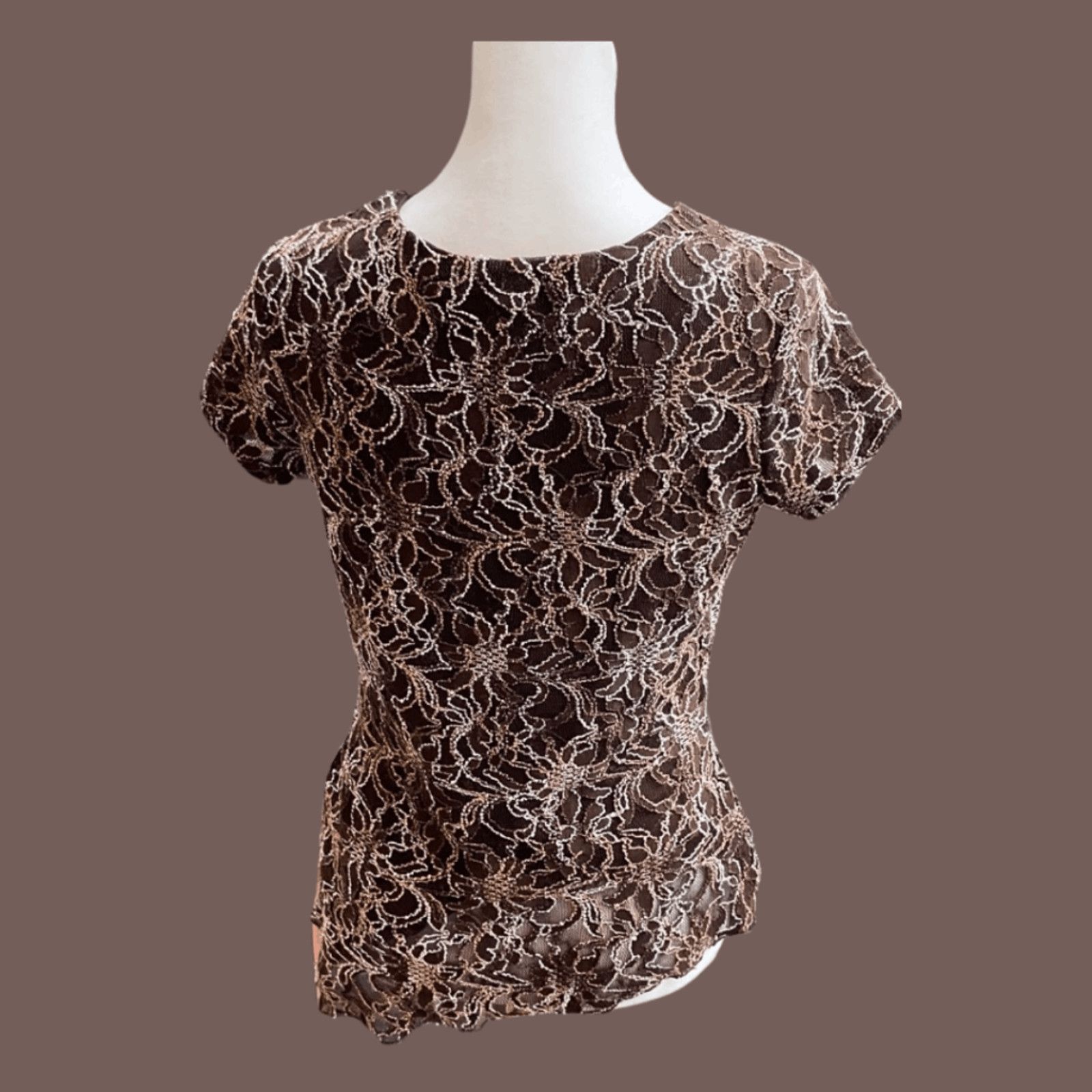 Vintage VTG Beaded Lace Top |Style & Co. Brown Mesh Y2K Evening Glam Size S / US 4 / IT 40 - 2 Thumbnail