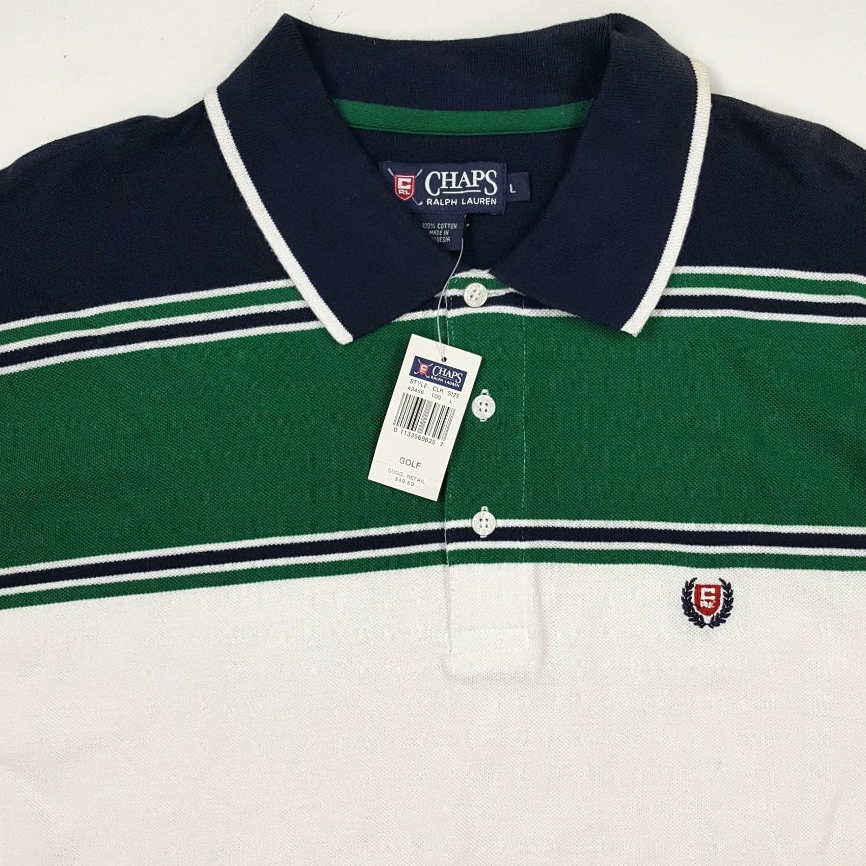 Ralph Lauren Vintage Ralph Lauren Chaps Green Striped Polo Shirt - Size L - Cotton Knits - Button Collar Polo - Short Sleeve - Mens - Casual, 90s, Preppy Size US L / EU 52-54 / 3 - 2 Thumbnail